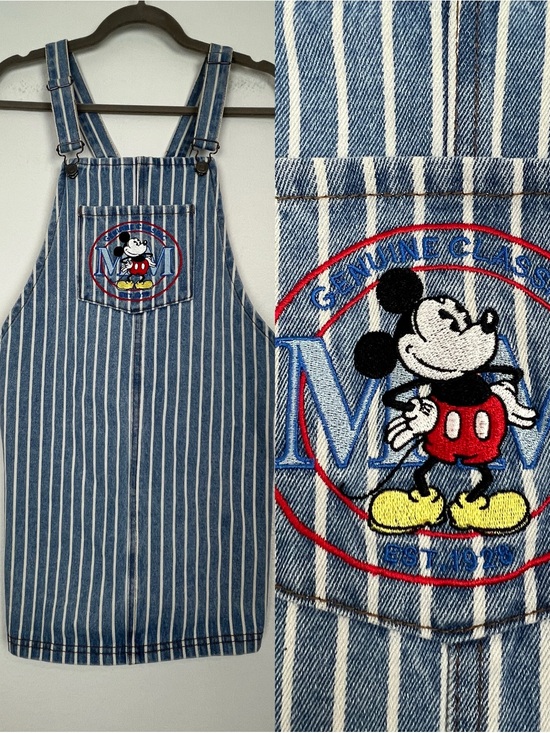 Disney Dresses & Skirts - Disney | Mickey Mouse Denim Jean Overall Dress Striped Kidcore S